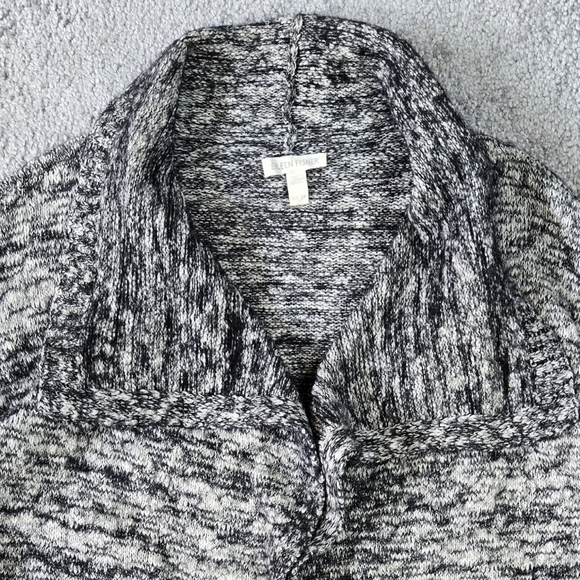 Eileen Fisher Organic Cotton Baby Alpaca Black White Marled Open Front Cardigan - Picture 4 of 8